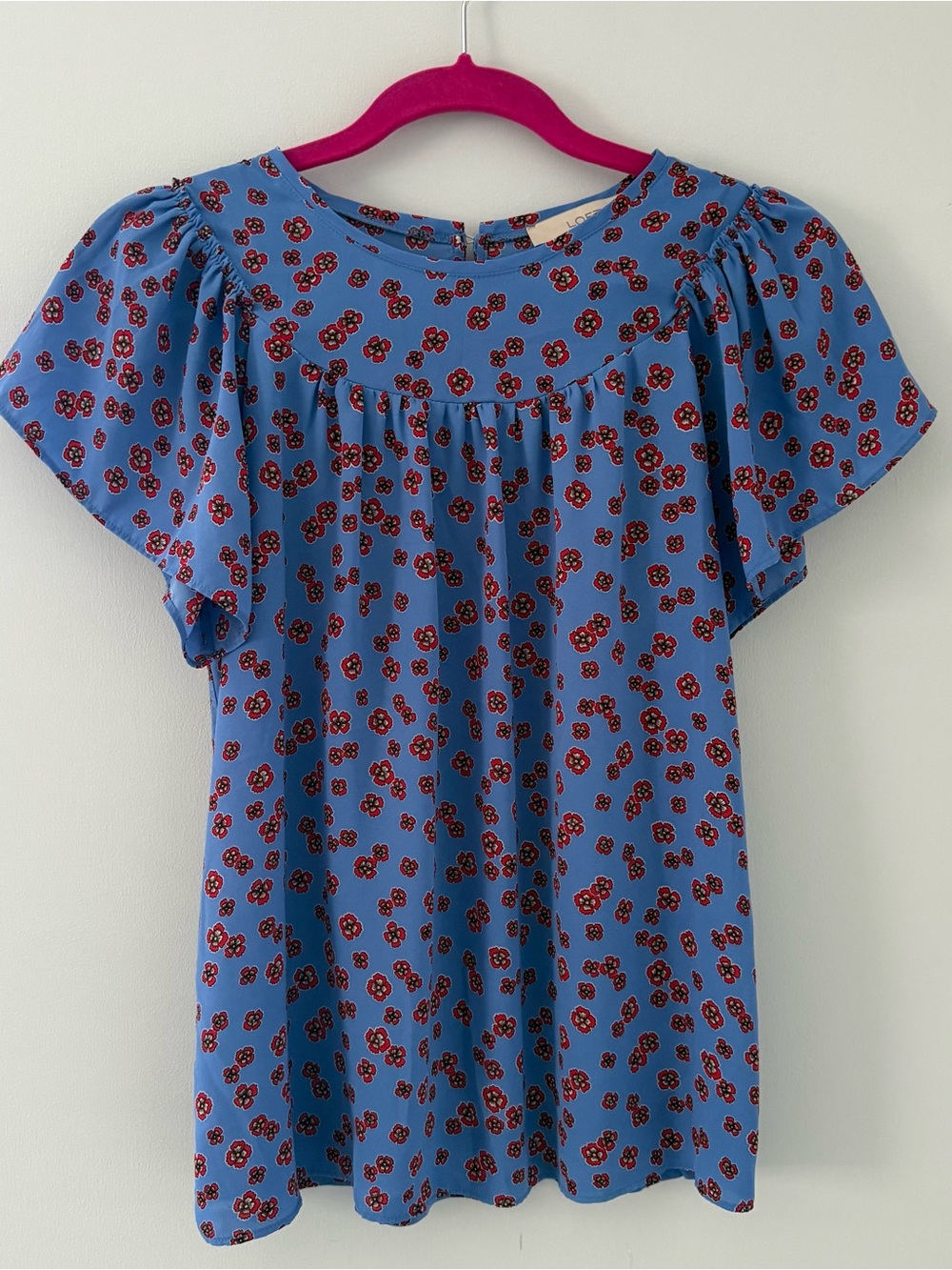 LOFT Blue Floral Flutter-Sleeve Yoke Blouse